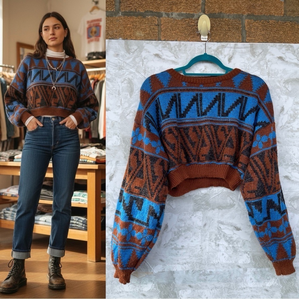 The Vintage Twin Recycled Knit Sweater - Retro Blue Aztec Crop size large